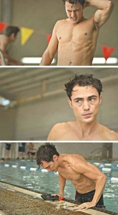 three different shots of a man with no shirt on, and one showing his muscles