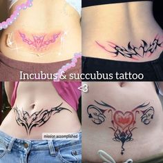 three different pictures of the same woman's stomach with tattoos on each side and bottom