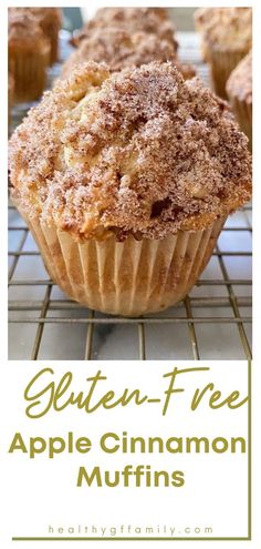 gluten - free apple cinnamon muffins on a cooling rack with text overlay