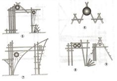 three different views of an electrical tower with wires and poles attached to the structure,