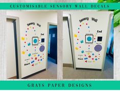 two doors with stickers on them and the words, gray's paper designs