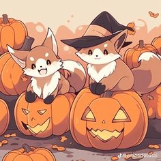 two foxes are sitting on pumpkins with jack - o'- lanterns in the background