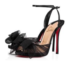 Christian Louboutin | Black Artydiva 120 Ruched Chiffon Satin Ankle Stra Shoes Louboutin, Fancy Heels, Bow Heels, Bow Shoes