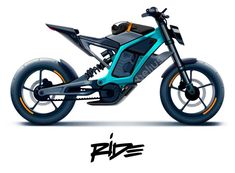 a blue and black motorcycle is shown on a white background with the words ride written below it