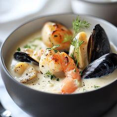 a white bowl filled with seafood and clams