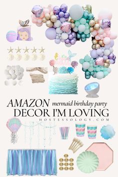 an image of a birthday party with balloons, cake and other items in pastel colors