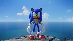 sonic the hedgehog statue on top of a cliff overlooking the ocean with blue sky and clouds in the background