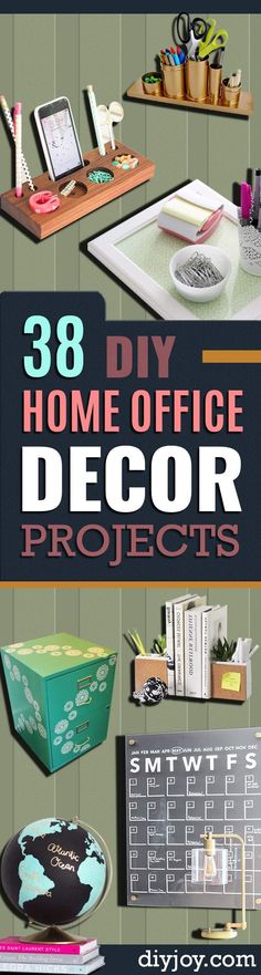 an office desk with various items on it and the words 38 diy home office decor projects