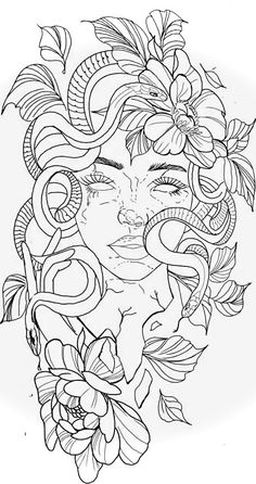 a woman's face with flowers and snakes on her head, in black and white