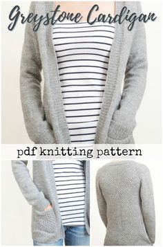 the greystone cardigan knitting pattern is shown in three different pictures and has text overlay