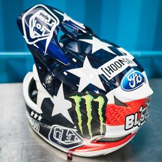 the helmet is decorated with stars and stripes