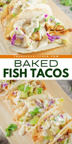 A perfect busy weeknight dinner! In less than 30 minutes, you can have these oven baked fish tacos with a creamy lime slaw. Save this baked cod recipe and try this quick and easy meal for tonight! Baked Fish For Tacos, Fish Tacos Oven Baked, Baked Fish Tacos With Cabbage Slaw, Baked Fish Taco Recipe, Cod Fish Tacos With Cabbage Slaw, Basa Fish Tacos, Cod Tacos Recipes, Baked Cod Fish Tacos, Haddock Tacos