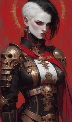 a painting of a woman in armor with skulls on her chest