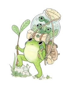 a drawing of a frog carrying several items on his back and holding an umbrella over it's head