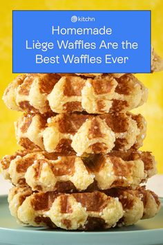 some waffles stacked on top of each other with the words homemade lege waffles are the best waffles ever