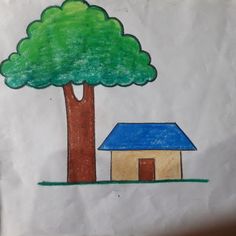 a child's drawing of a house under a tree with a blue roof on it