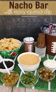 a football themed party with nacho bar and easy quesadilla dips