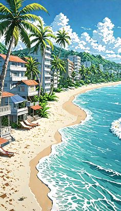 a painting of an ocean beach with palm trees and buildings on the shore, in front of blue water