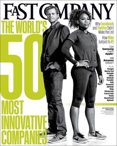 the front cover of fast company magazine with two people standing next to each other on it