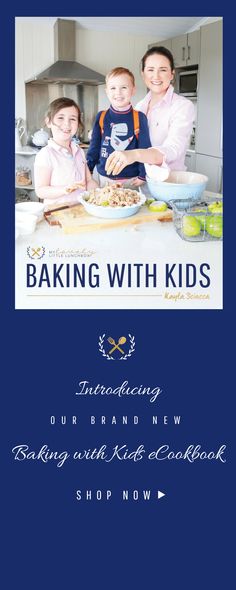 an advertisement for baking with kids, featuring three children in front of a table full of food