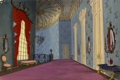 an animated bedroom with blue walls and pink carpeted flooring, ornate chandeliers and mirrors on the wall