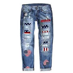 PRICES MAY VARY. 80% cotton. Womens boyfriend jeans stretchy ripped distressed heart american flag denim pants ankle jeans. Zipper button closure, washed distressed fabric, shredded holes, raw edges, classic 5 pockets, heart american flag print , leopard american flag print, mid-rise jeans stretch and move for abrasion resistance. Size Options: S= Waist:74cm/29.1 inch; Hip: 98cm/38.6 inch, Long:102cm/40.2 inch; M=Waist:78cm/30.7 inch,Hip:102cm/40.2 inch,Long:103cm/40.6 inch;L = Waist:82cm/32.3 i Upcycle Outfits, American Flag Pants, Spirit Jeans, Denim Jacket Diy Paint, Diy Distressed Jeans, How To Patch Jeans, Boyfriend Cut Jeans, Clothes Upcycle, Womens Boyfriend Jeans