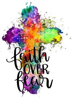 the words faith over beer painted in watercolor on a white background with colorful spots