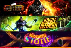 three different video game titles with the words jungle defender, monkey stop and monkey slot