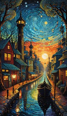 a painting of a boat floating on top of a river under a night sky filled with stars