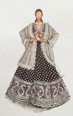 a drawing of a woman in a black and white dress with an elaborately decorated shawl