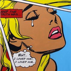 a painting of a blonde woman with tears on her face and the words, i love him