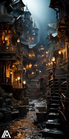 an image of a fantasy village at night