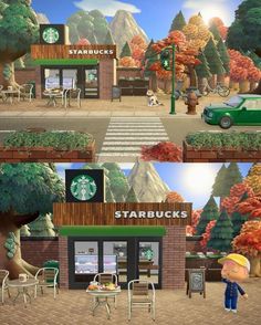 two pictures of starbucks's in the same place