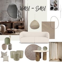 interior design mood board with neutrals and greens in shades of green, white, grey and beige