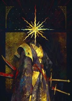 a painting of a man in armor holding two swords and shining star above his head