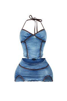 Washed denim bustier halter top featuring PU piping and frayed hem detail with back zipper closure Matching low rise mini skirt We recommend wearing pasties or no bra with this garment Runs true to size Fitted Denim Halter Top For Spring, Jean Two Piece Outfit, Birthday Vacation Outfits, Vintage Halter Top, Custom Skirt, Denim Halter Top, Halter Top And Skirt, Low Rise Mini Skirt, Cute Online Clothing Stores