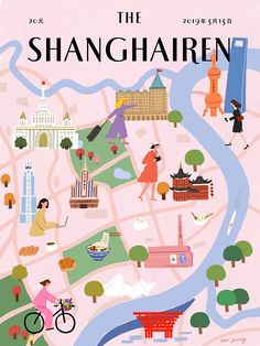 an illustrated map of the city of shanghai with people walking, biking and riding bikes