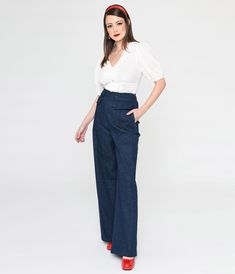 Unique Vintage Denim High Waist Wide Leg Tab Pants 1940s Jeans Women, Vintage Non-stretch Wide Leg Pants, 1940 Pants Women, 1930 Pants Woman, 1940s Wide Leg Trousers, Macys Pants, 1940s Sailor Pants, 1940s Fashion Women, The 50s Fashion