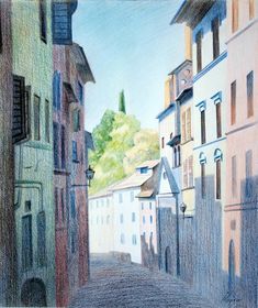 a drawing of an alleyway with buildings and trees in the background, colored pencil on paper