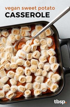 a casserole dish with bananas in it and the words vegan sweet potato casserole