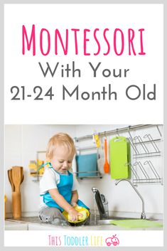 a toddler is playing in the kitchen with his toys