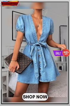 Solid Latern Sleeve Lace Up Denim Mini Dress P2580430747 Denim Chic, Casual Rompers, Denim Mini Dress, Dresses By Length, Denim Mini, Casual Denim, Denim Top, Jeans Denim, Look Fashion