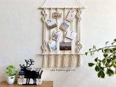 a wall hanging with pictures and photos on it next to a potted green plant