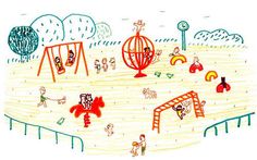 a drawing of children playing in an amusement park