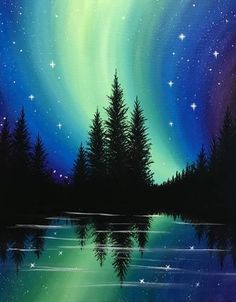 an aurora bore painting on canvas with trees in the foreground and stars in the sky above