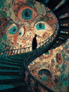 a man standing on the top of a spiral staircase in front of an artistic painting