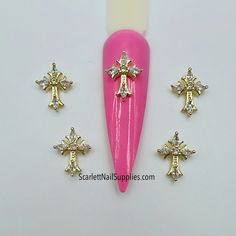 4 pieces Zircon Gold Cross Nail Charm Cross Nail Charm, Cross Nails, Nail Charm, Acrylic Nail Brush, White Acrylic Nails, Crystal Cross, Metal Cross, Nail Brushes, Nail Charms