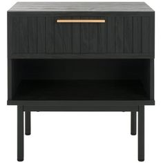 a black nightstand with a gold drawer on the top and bottom shelf, against a white background