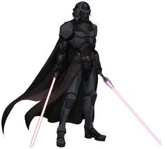 a star wars character holding two lightsabes