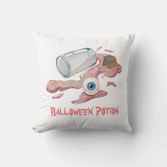 a white pillow with an image of a cartoon character holding a bottle and the words halloween potton on it